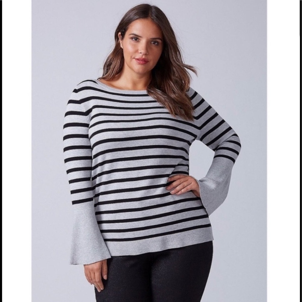 Lane Bryant Gray Black Striped Long Bell Sleeve Boat Neck Sweater 18/20